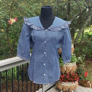 Vintage 80s Cottagecore Big Collar Puff Sleeve Check Ruffle Top Blouse Shirt